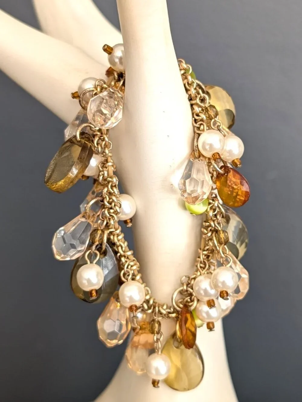 Pale green, orange, faux pearl stretch bracelet